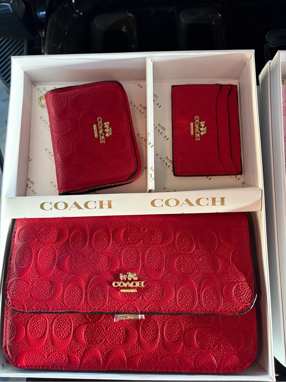 Coach Red Signature Embossed Leather Wallet, Card Case & Clutch Set